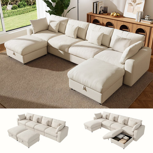 140" Extra Large Modular Sectional Cloud Sofa with 2 Removable Storage Ottoman, Extra Deep Seat Couch, Living Room Furniture, Chenille Beige