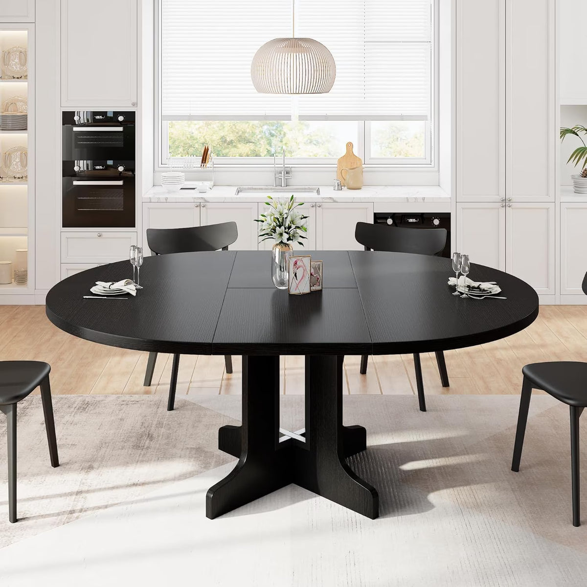 59" Extendable round Dining Table for 6, Modern Kitchen Table with Sturdy Wooden Base,Perfect for Small Space, Black