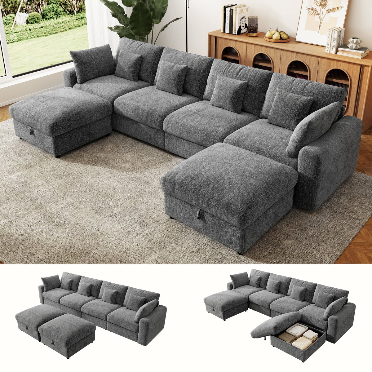 140" Extra Large Modular Sectional Cloud Sofa with 2 Removable Storage Ottoman, Extra Deep Seat Couch, Living Room Furniture, Chenille Beige