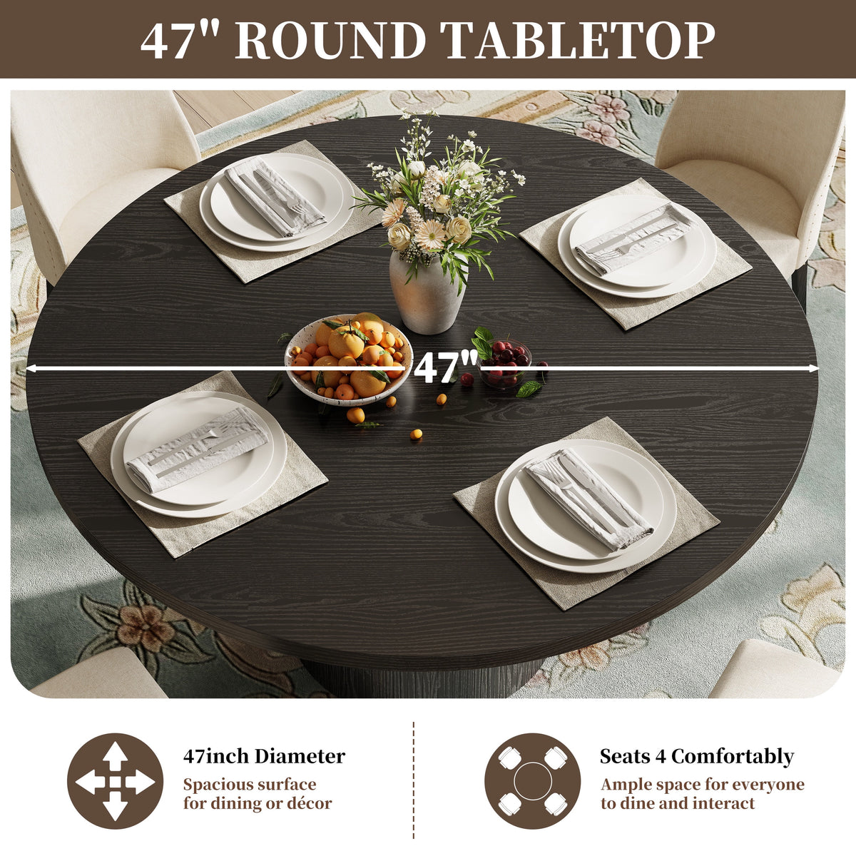 47" Dining Table,  round Kitchen Table 4 Seater, Wooden Circle Pedestal Dining Room Table with 1.1In Thickness Tabletop, Black(Only Table)