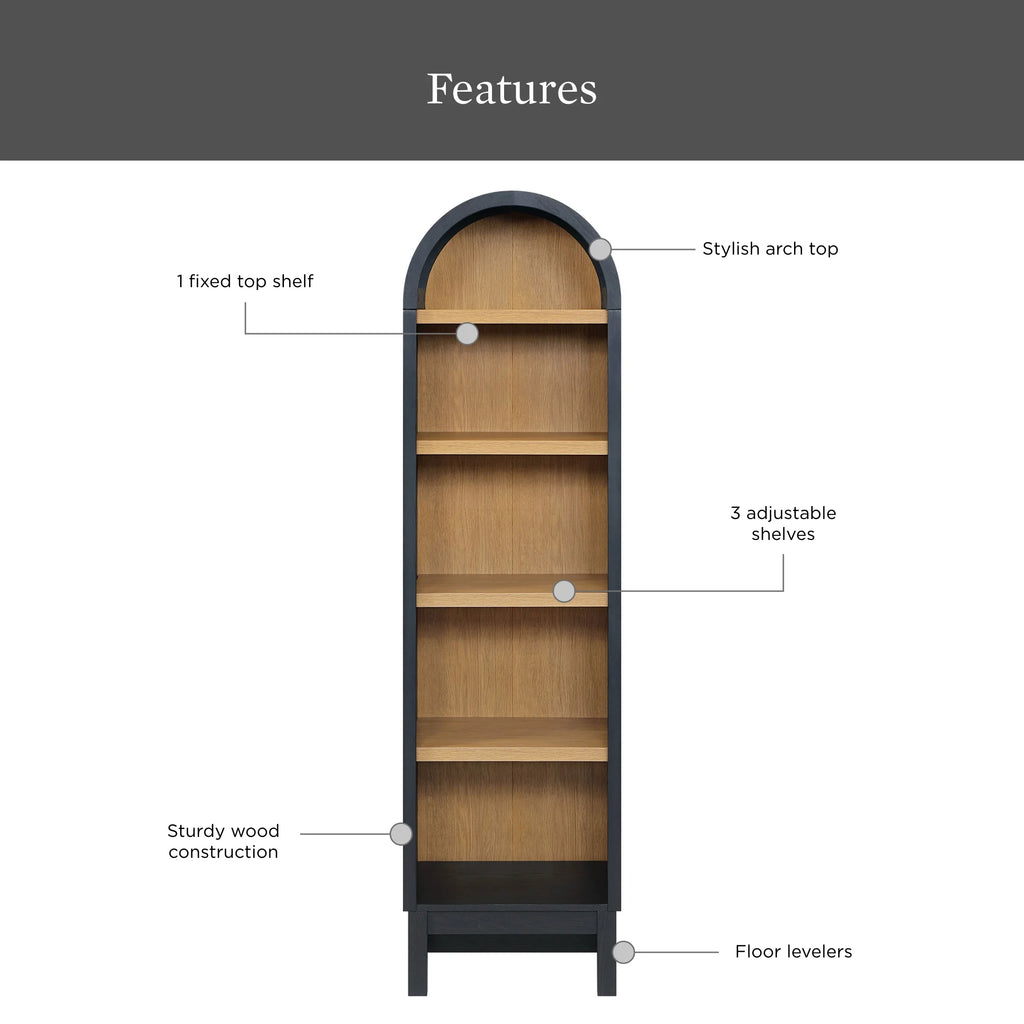 Juliet Narrow Arch Bookcase, Rich Black and Light Honey