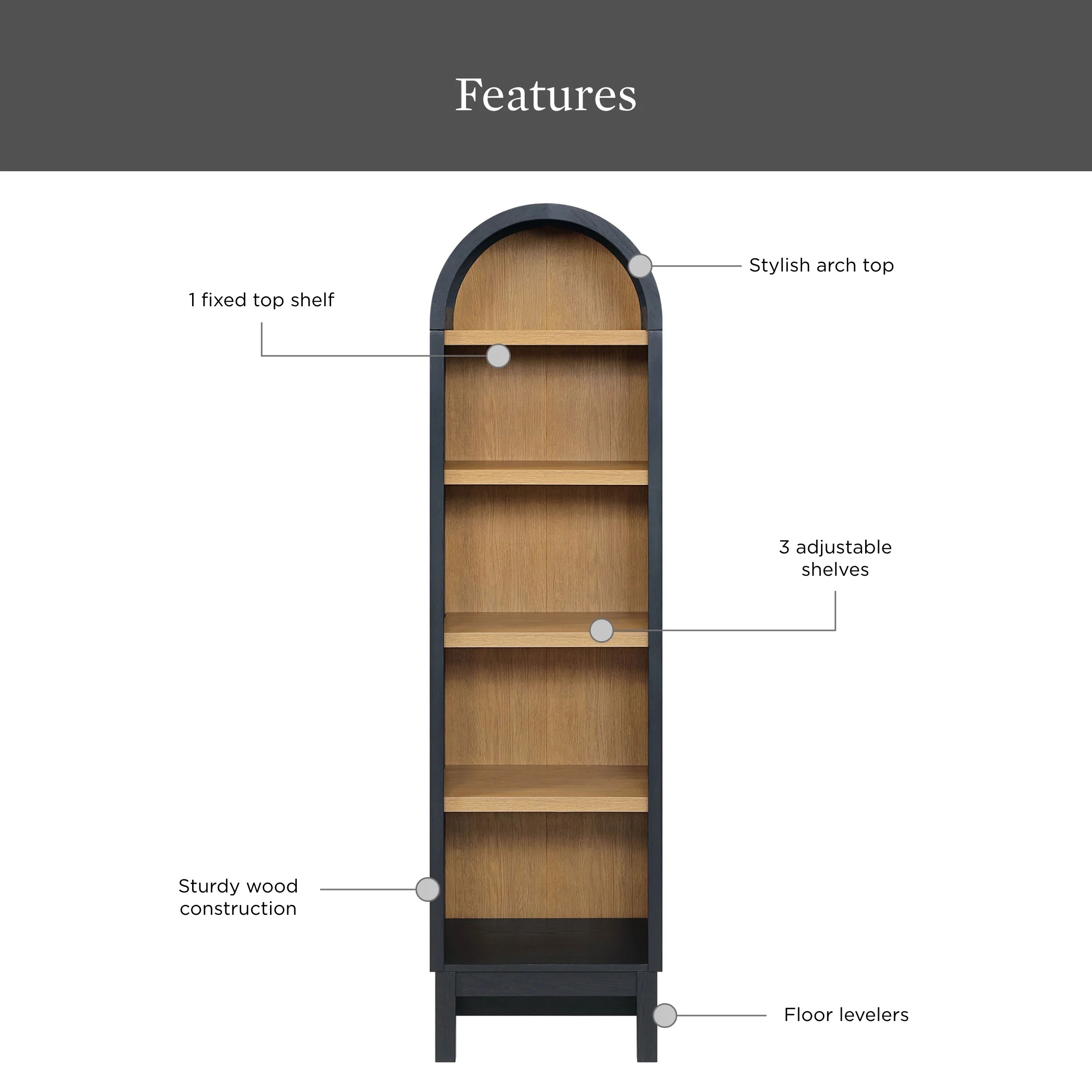 Juliet Narrow Arch Bookcase, Rich Black and Light Honey