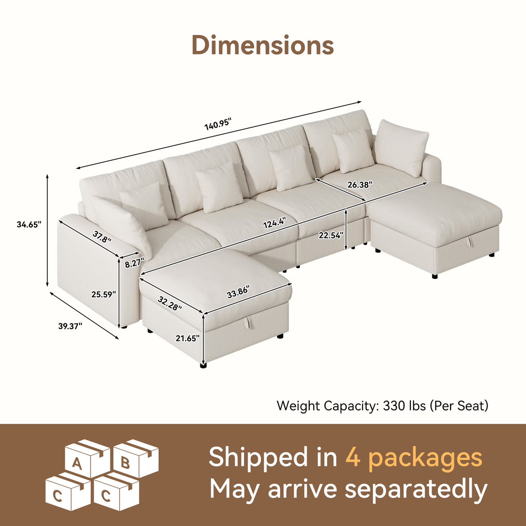 140" Extra Large Modular Sectional Cloud Sofa with 2 Removable Storage Ottoman, Extra Deep Seat Couch, Living Room Furniture, Chenille Beige