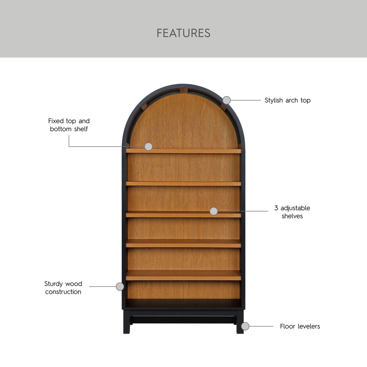 Juliet Open Arch Bookcase, Rich Black and Light Honey