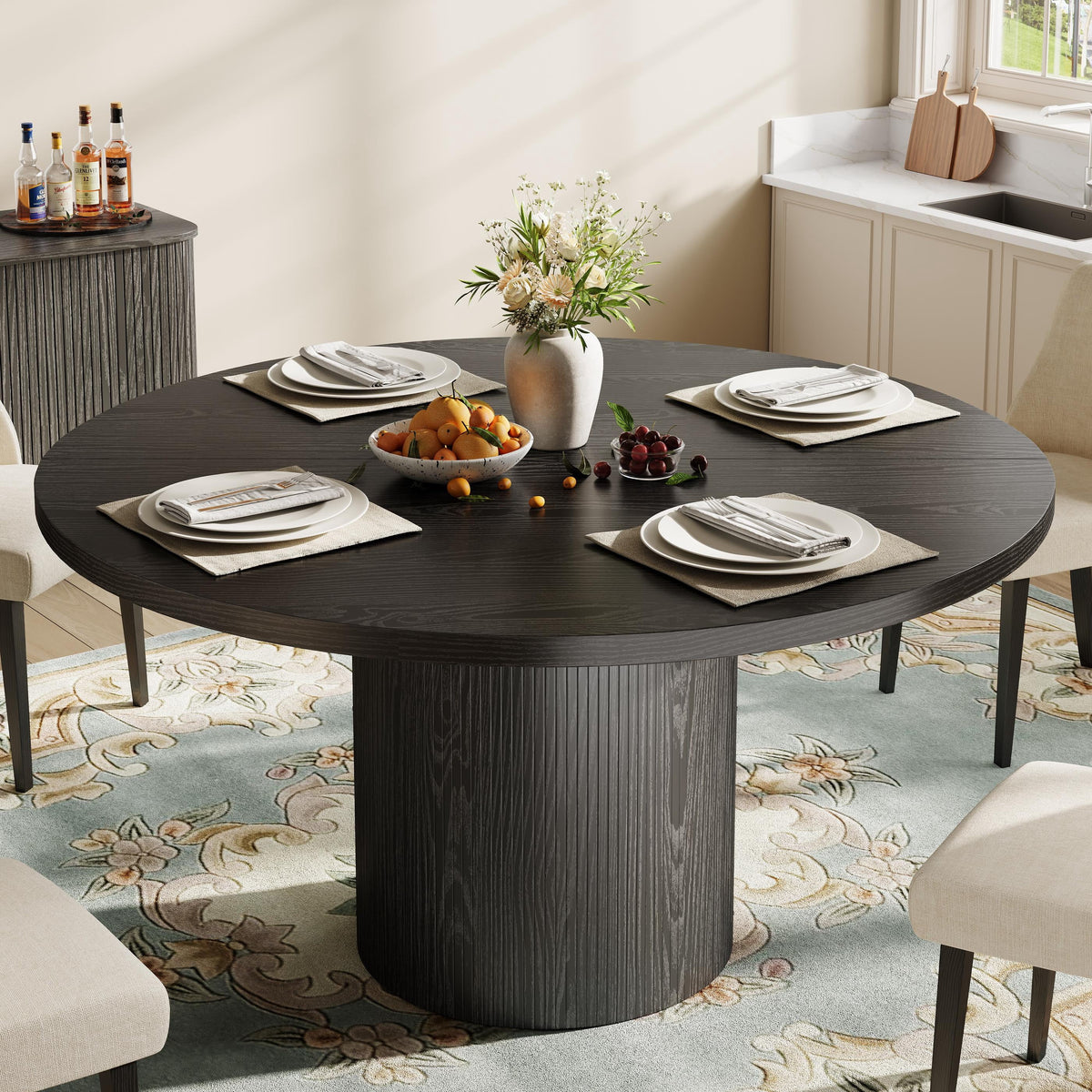 47" Dining Table,  round Kitchen Table 4 Seater, Wooden Circle Pedestal Dining Room Table with 1.1In Thickness Tabletop, Black(Only Table)