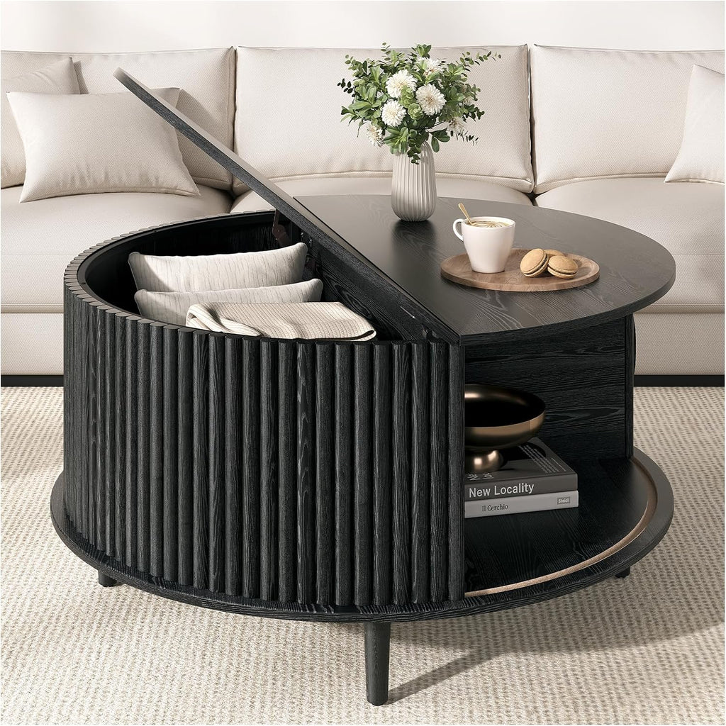 31.5" round Coffee Table with Storage for Living Room, Black | Fluted Center Table for Small Apartments/Spaces,Hidden Storage,Sliding Door,,Solid Wood Legs,Easy Assembly,Up to 110 Lbs