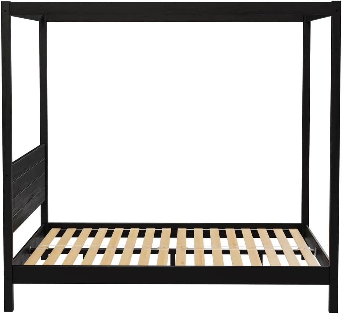 Solid Pine Canopy Bed Frame, King — 85" L X 80" W X 79" H — Matte Black Painted Finish — Slatted Headboard, No Box Spring Needed