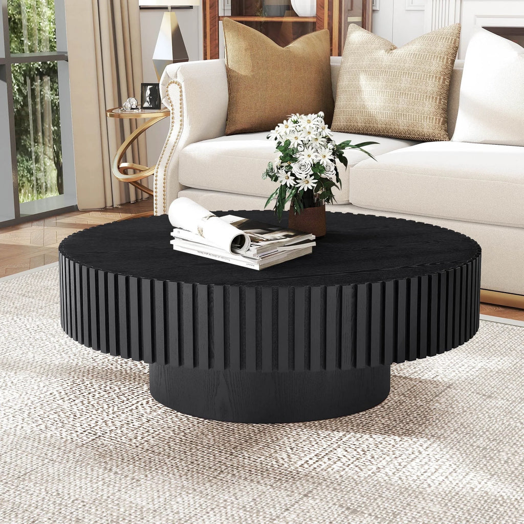 39.37" Large round Wood Coffee Table, Modern Unique Fluted Accent Center Table for Living Room, Black