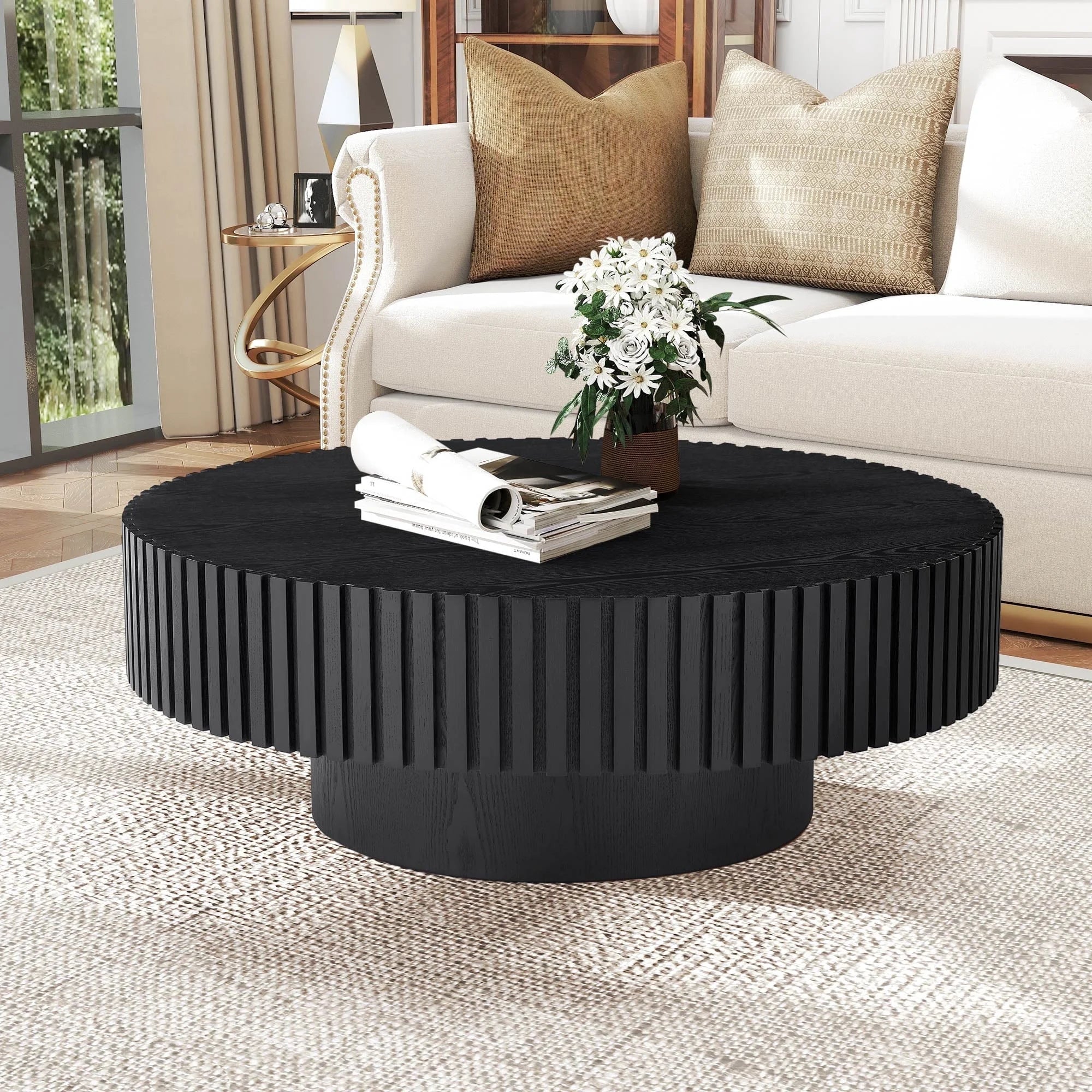 39.37" Large round Wood Coffee Table, Modern Unique Fluted Accent Center Table for Living Room, Black
