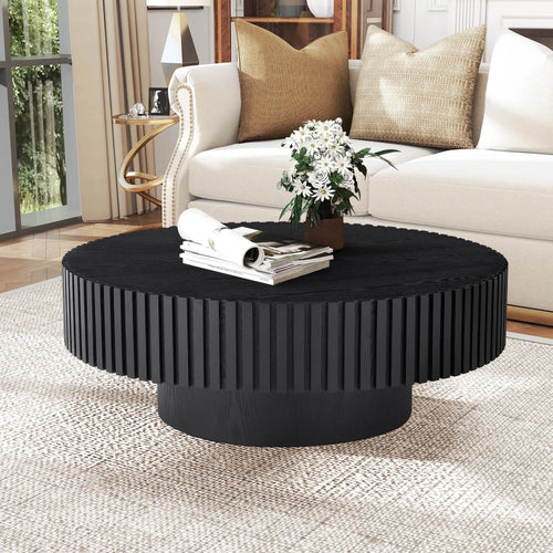 39.37" Large round Wood Coffee Table, Modern Unique Fluted Accent Center Table for Living Room, Black