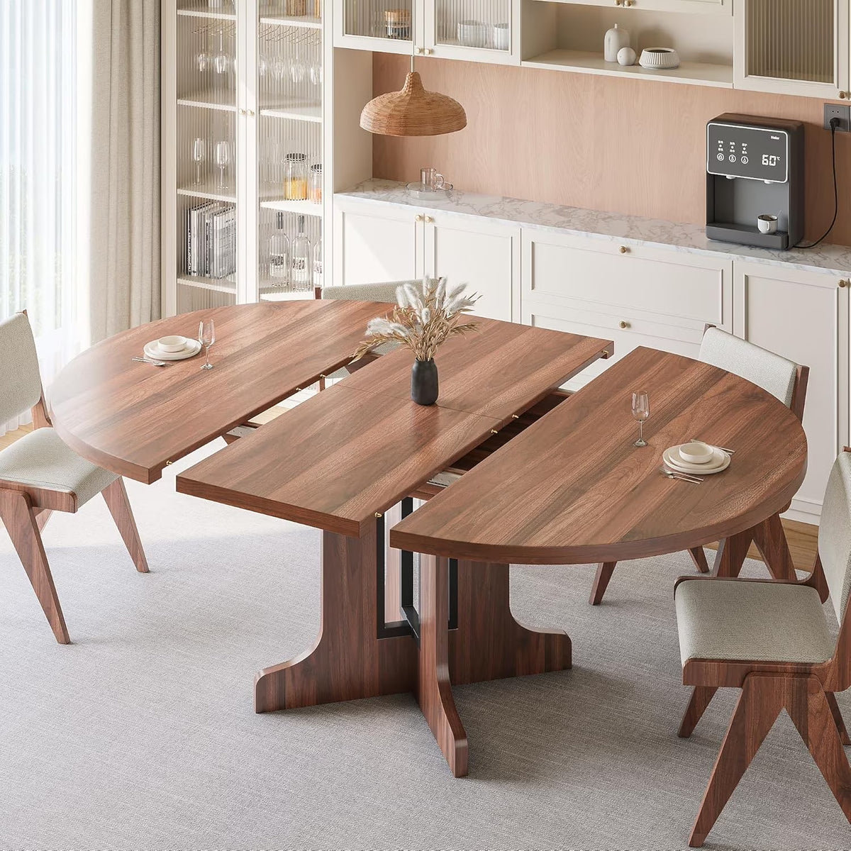 59" Extendable round Dining Table for 6, Modern Kitchen Table with Sturdy Wooden Base,Perfect for Small Space, Black
