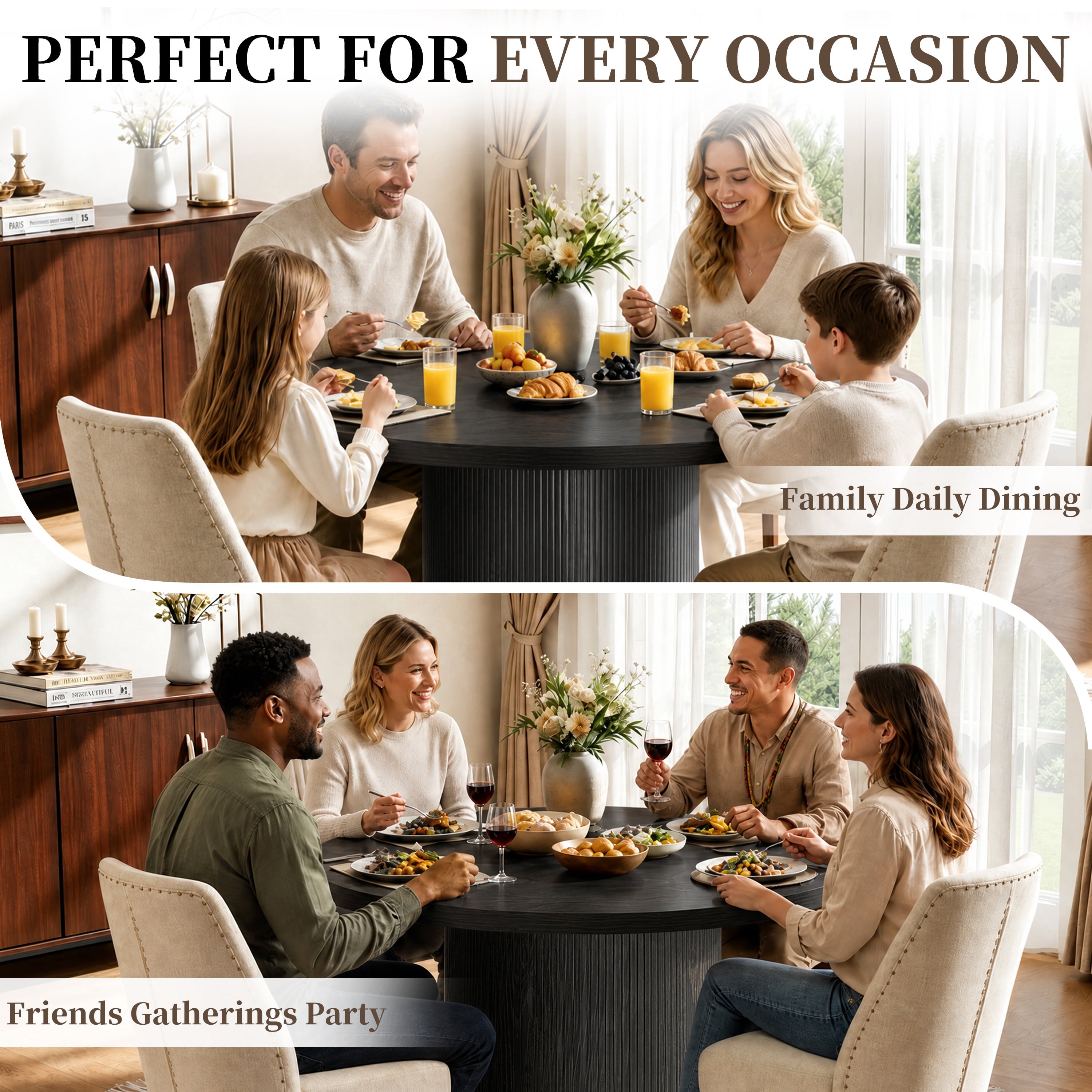 47" Dining Table,  round Kitchen Table 4 Seater, Wooden Circle Pedestal Dining Room Table with 1.1In Thickness Tabletop, Black(Only Table)