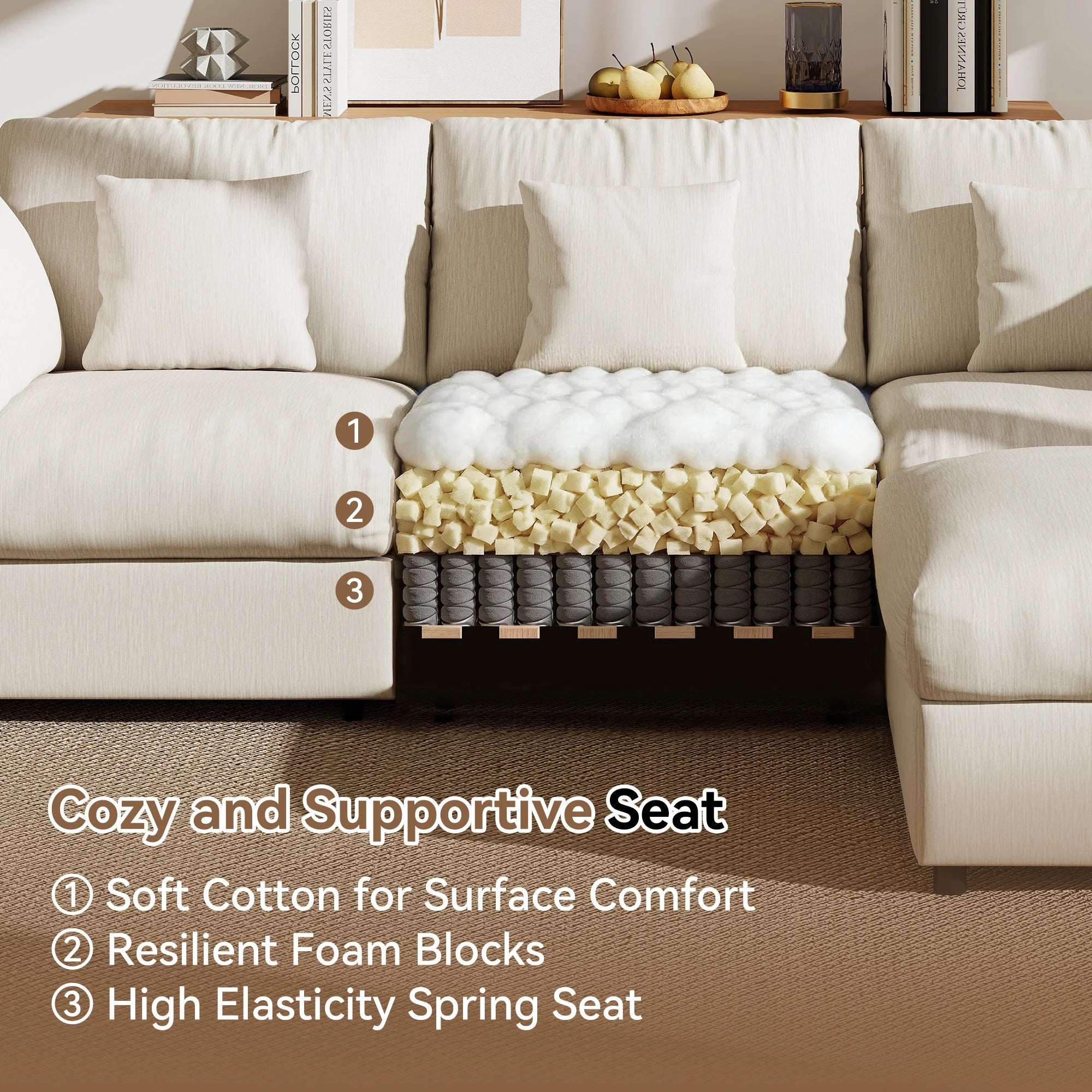 140" Extra Large Modular Sectional Cloud Sofa with 2 Removable Storage Ottoman, Extra Deep Seat Couch, Living Room Furniture, Chenille Beige
