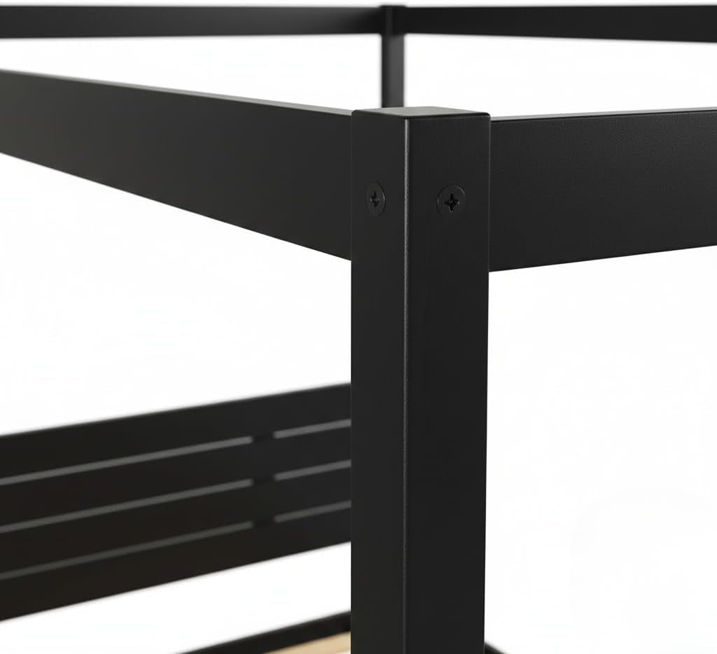 Solid Pine Canopy Bed Frame, King — 85" L X 80" W X 79" H — Matte Black Painted Finish — Slatted Headboard, No Box Spring Needed