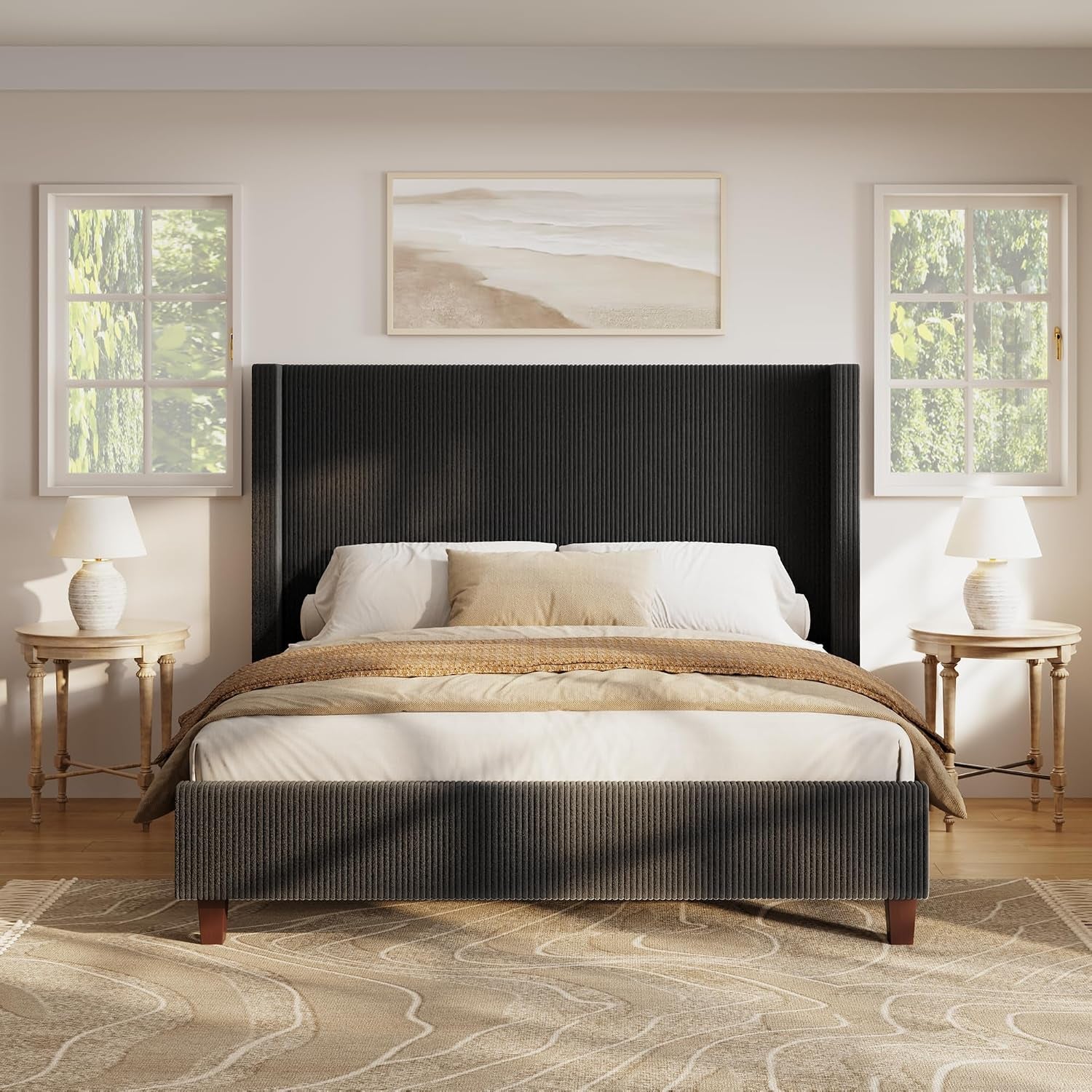 Queen Szie Bed Frame with 50.8 Inch Corduroy Wingback Headboard, Black | Modern Upholstered Platform Bed, Solid Wood Slats, No Box Spring Needed, Noise-Reducing Design