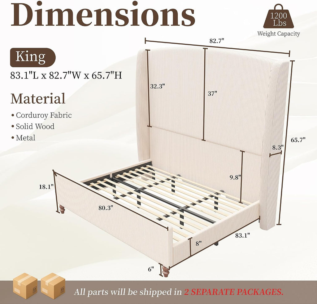 66" Extra Tall King Size Bed Frame with Wingback Headboard, Cream | Upholstered Bed Frame W/ Soft Removable Corduroy Cover, Solid Wood Legs, No Box Spring Needed, Noise-Free, Modern, Luxury