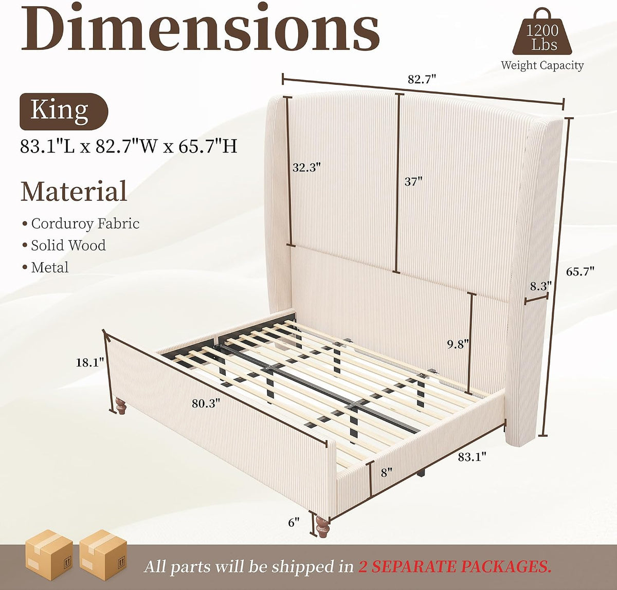 66" Extra Tall King Size Bed Frame with Wingback Headboard, Cream | Upholstered Bed Frame W/ Soft Removable Corduroy Cover, Solid Wood Legs, No Box Spring Needed, Noise-Free, Modern, Luxury