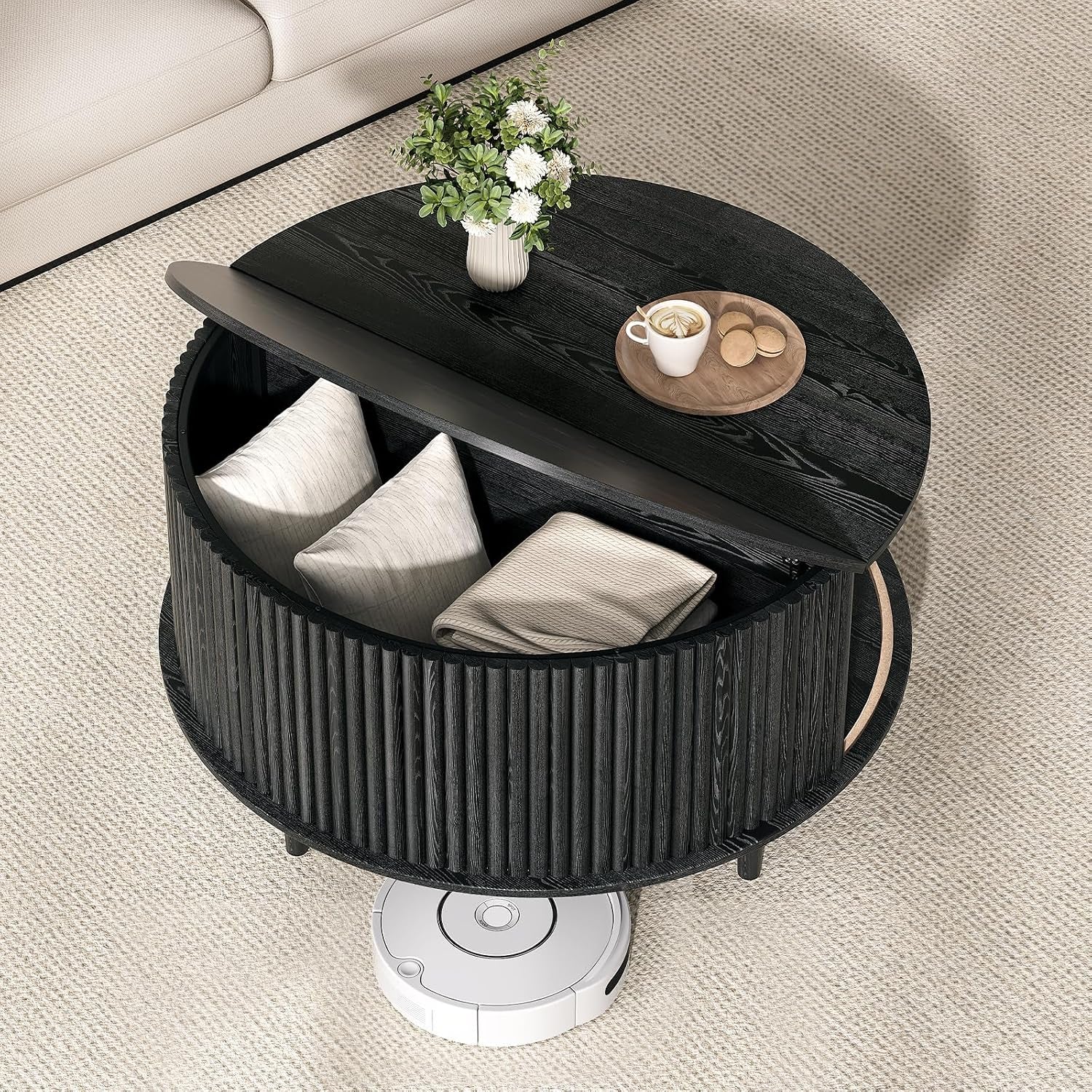 31.5" round Coffee Table with Storage for Living Room, Black | Fluted Center Table for Small Apartments/Spaces,Hidden Storage,Sliding Door,,Solid Wood Legs,Easy Assembly,Up to 110 Lbs