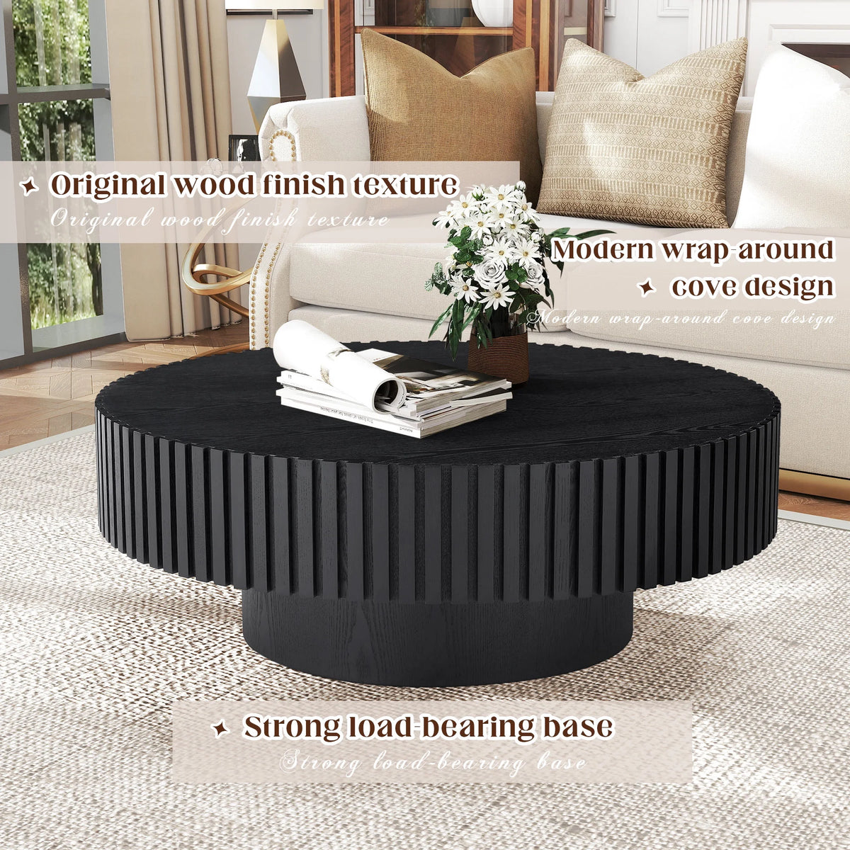 39.37" Large round Wood Coffee Table, Modern Unique Fluted Accent Center Table for Living Room, Black