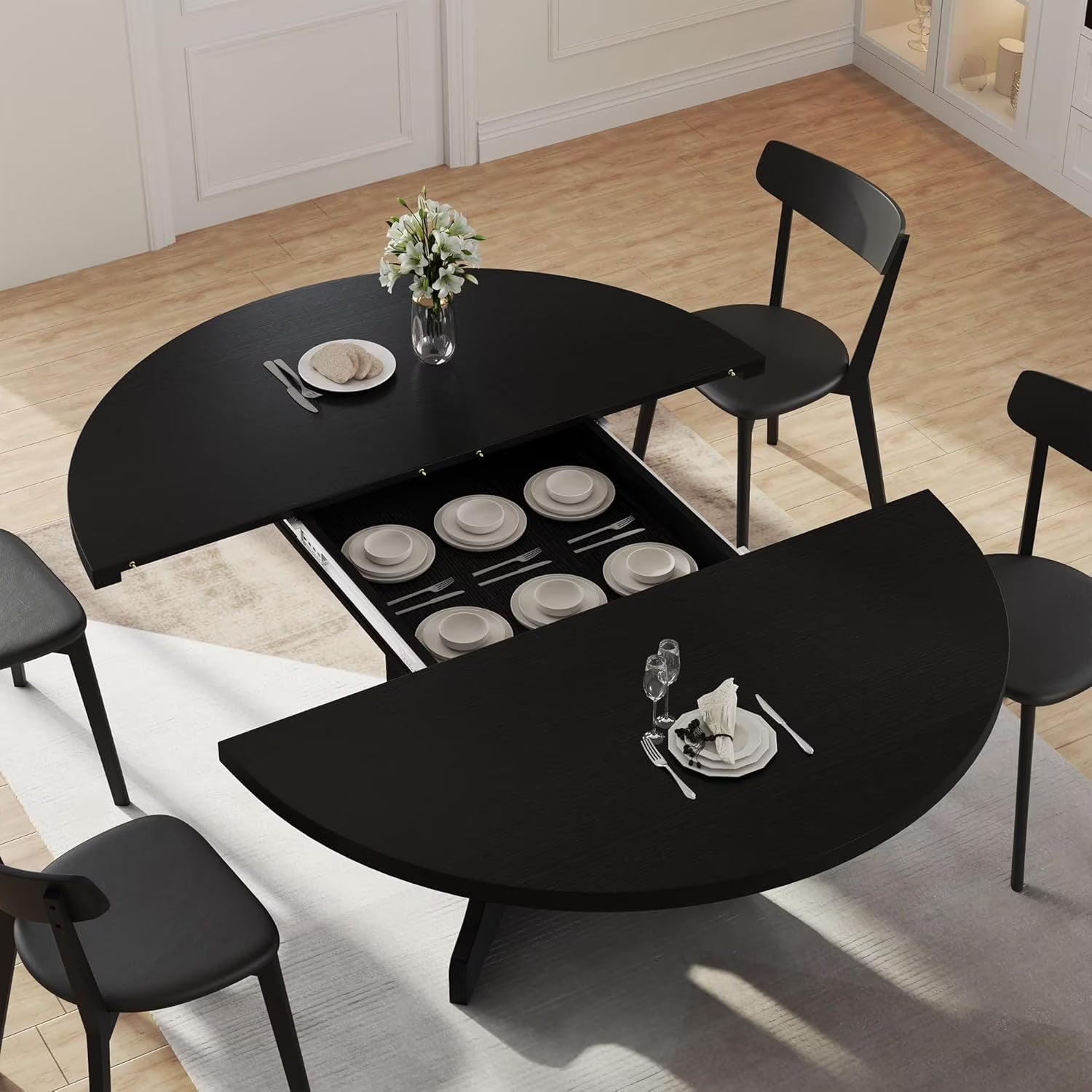 59" Extendable round Dining Table for 6, Modern Kitchen Table with Sturdy Wooden Base,Perfect for Small Space, Black