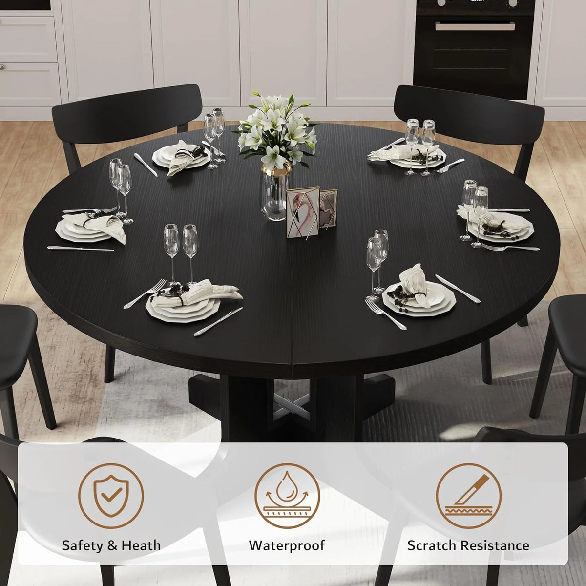 59" Extendable round Dining Table for 6, Modern Kitchen Table with Sturdy Wooden Base,Perfect for Small Space, Black
