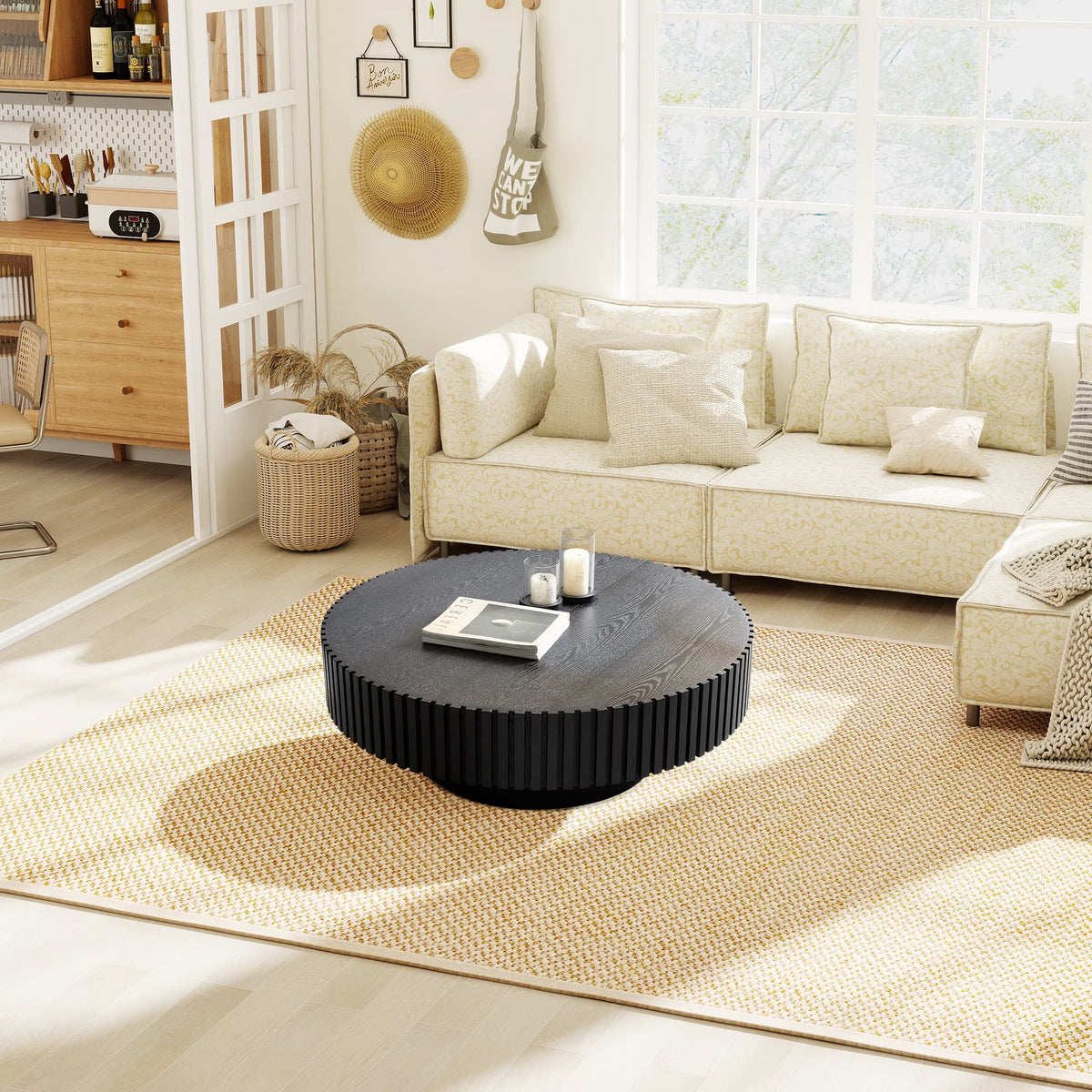 39.37" Large round Wood Coffee Table, Modern Unique Fluted Accent Center Table for Living Room, Black