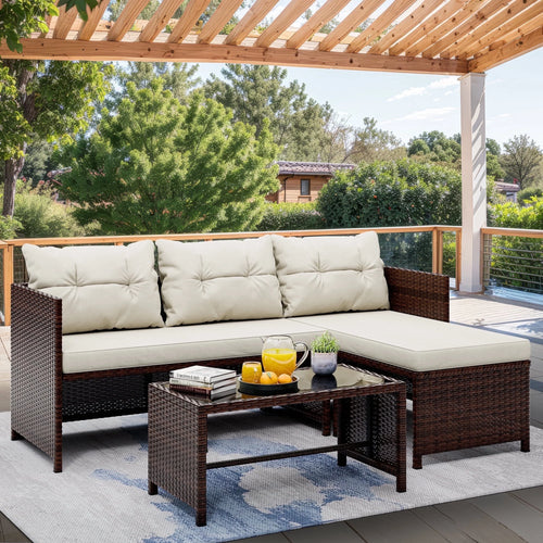 3 Pieces Patio Furniture Sectional Set, All-Weather Wicker Rattan Outdoor Furniture Set with Cushion and Glass Coffee Table, Patio Conversation Set for Garden, Backyard, Pool,Beige