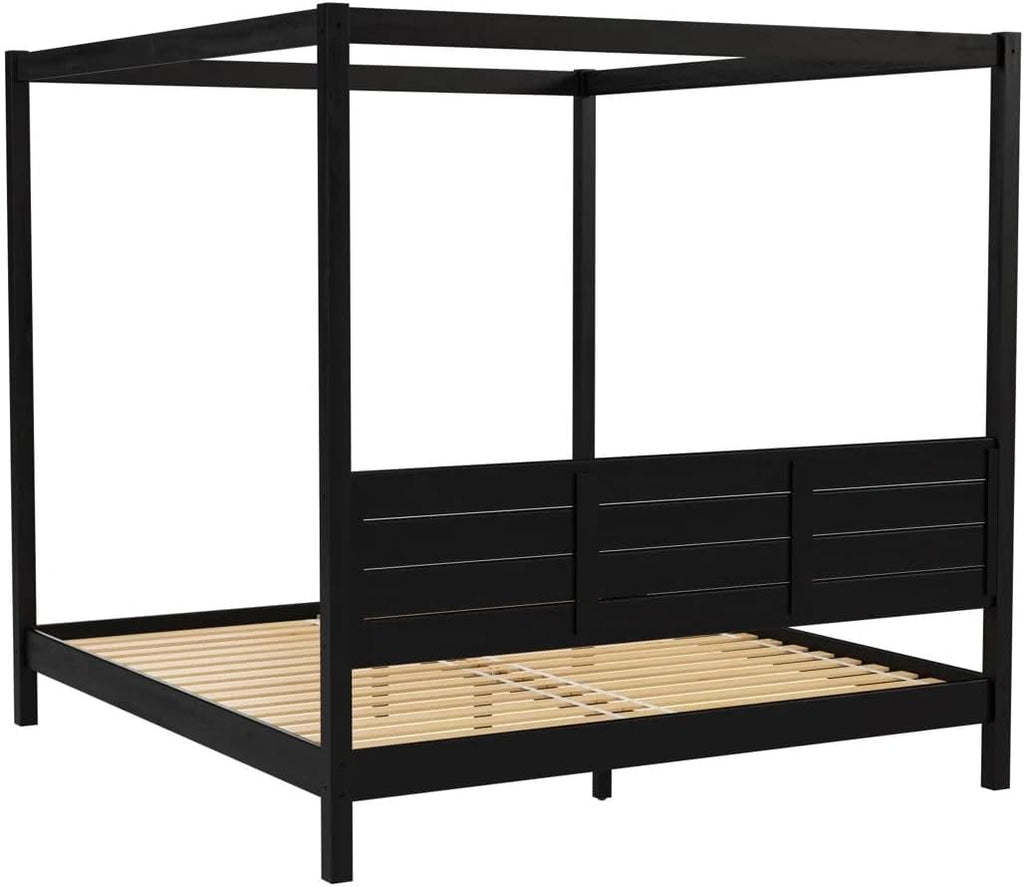 Solid Pine Canopy Bed Frame, King — 85" L X 80" W X 79" H — Matte Black Painted Finish — Slatted Headboard, No Box Spring Needed