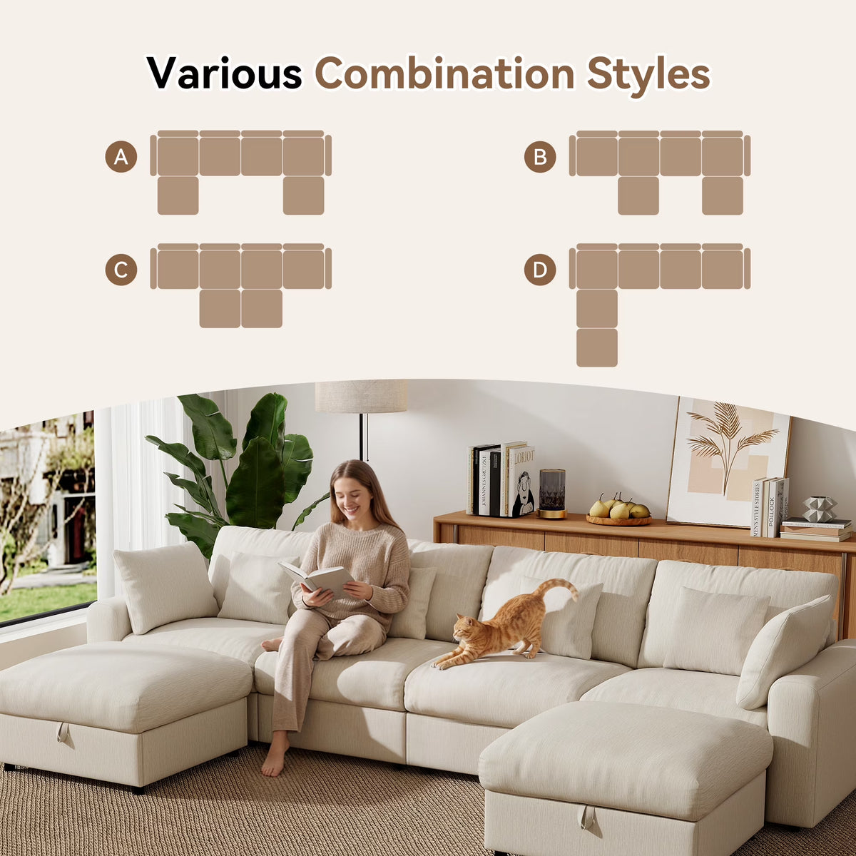 140" Extra Large Modular Sectional Cloud Sofa with 2 Removable Storage Ottoman, Extra Deep Seat Couch, Living Room Furniture, Chenille Beige