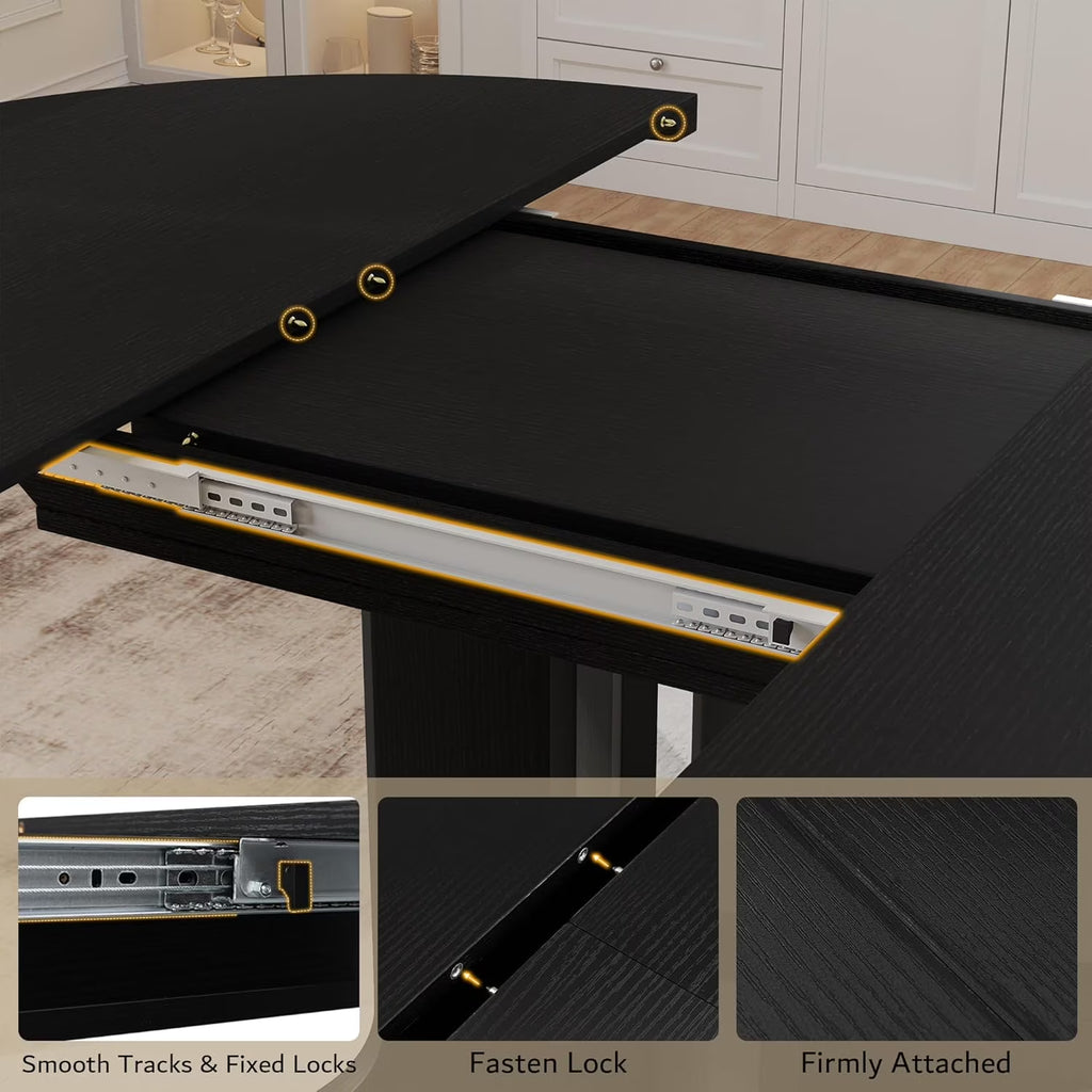 59" Extendable round Dining Table for 6, Modern Kitchen Table with Sturdy Wooden Base,Perfect for Small Space, Black