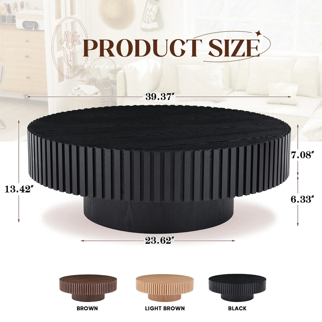 39.37" Large round Wood Coffee Table, Modern Unique Fluted Accent Center Table for Living Room, Black