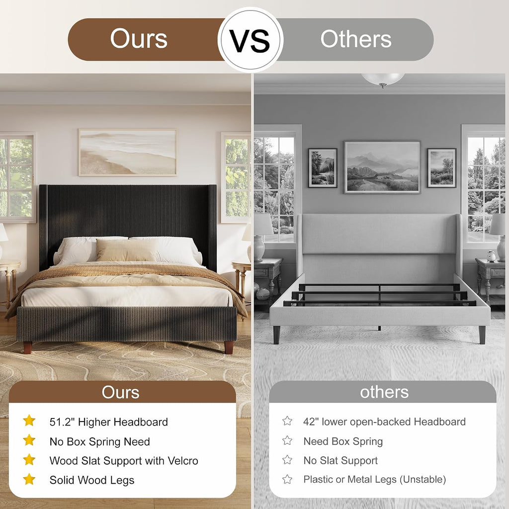 Queen Szie Bed Frame with 50.8 Inch Corduroy Wingback Headboard, Black | Modern Upholstered Platform Bed, Solid Wood Slats, No Box Spring Needed, Noise-Reducing Design