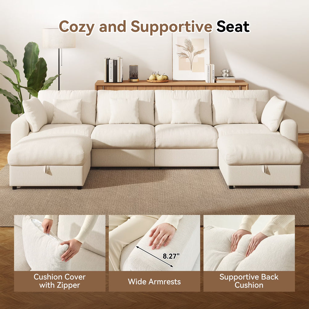 140" Extra Large Modular Sectional Cloud Sofa with 2 Removable Storage Ottoman, Extra Deep Seat Couch, Living Room Furniture, Chenille Beige