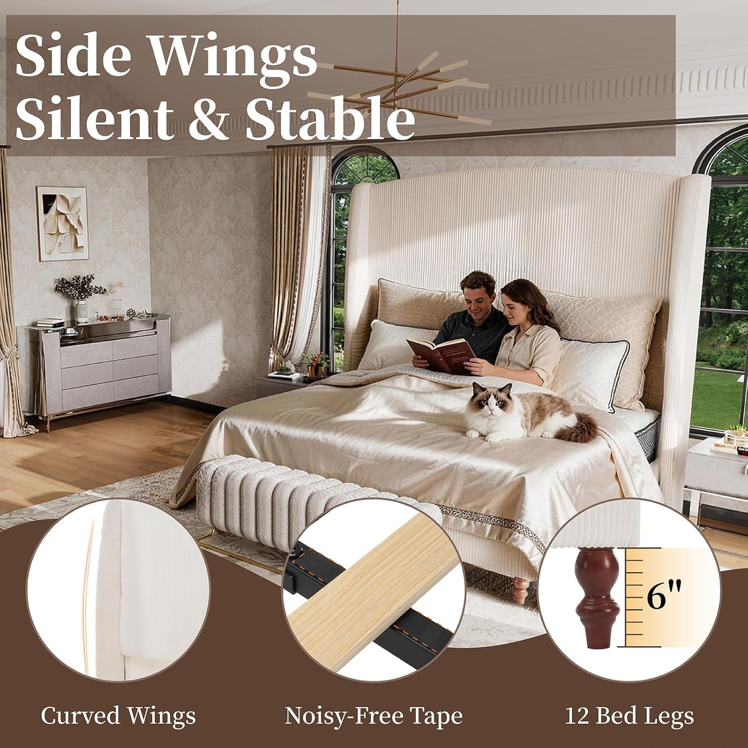 66" Extra Tall King Size Bed Frame with Wingback Headboard, Cream | Upholstered Bed Frame W/ Soft Removable Corduroy Cover, Solid Wood Legs, No Box Spring Needed, Noise-Free, Modern, Luxury