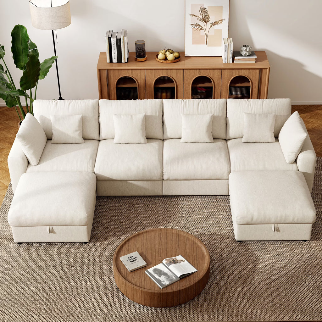 140" Extra Large Modular Sectional Cloud Sofa with 2 Removable Storage Ottoman, Extra Deep Seat Couch, Living Room Furniture, Chenille Beige