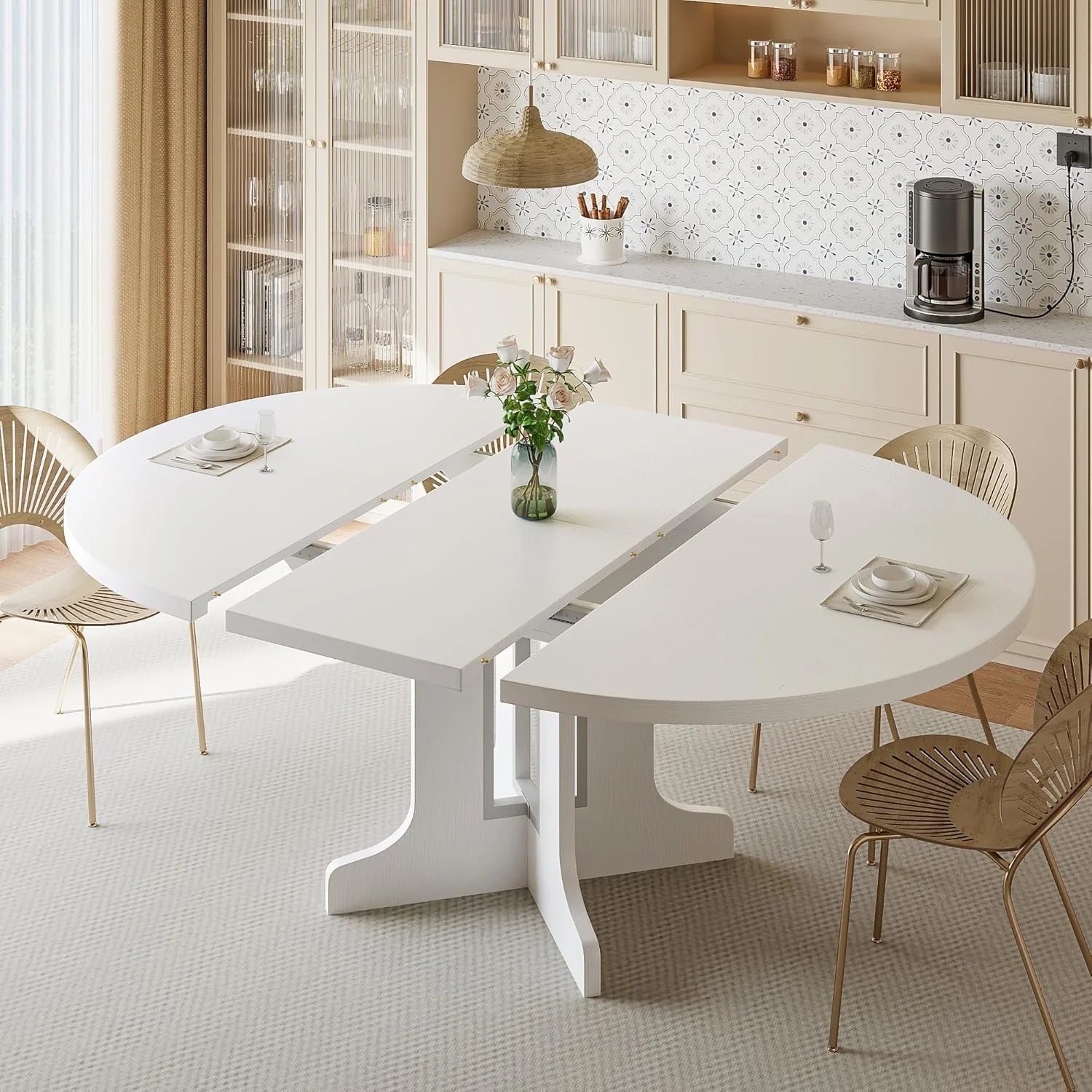 59" Extendable round Dining Table for 6, Modern Kitchen Table with Sturdy Wooden Base,Perfect for Small Space, Black