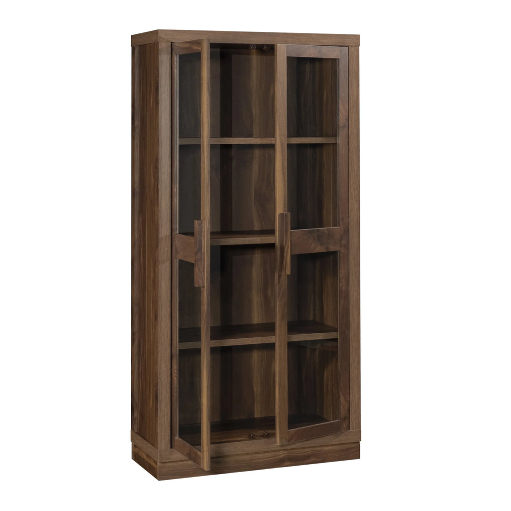 Ezra Glass Door Storage Accent Cabinet, Warm Walnut Finish