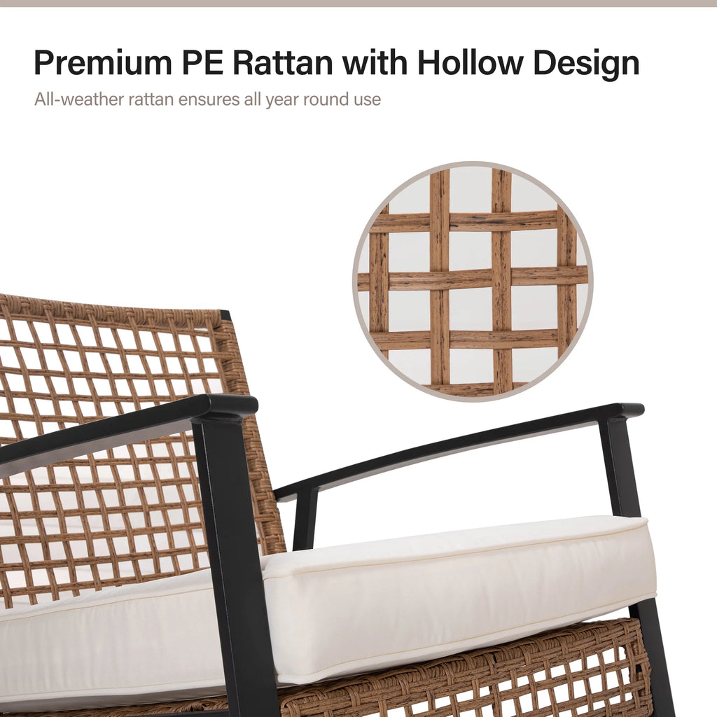 3 Pieces Patio Outdoor Conversation Set with 2-Tier Coffee Table, PE Wicker Rocking Chairs with Beige Cushions