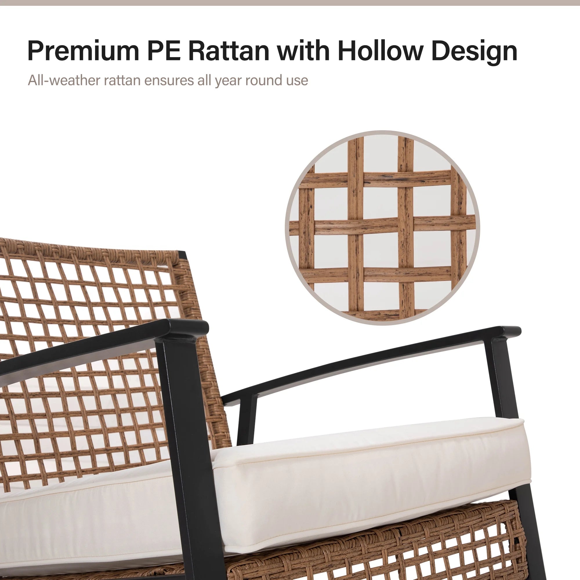 3 Pieces Patio Outdoor Conversation Set with 2-Tier Coffee Table, PE Wicker Rocking Chairs with Beige Cushions
