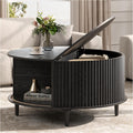 31.5" round Coffee Table with Storage for Living Room, Black | Fluted Center Table for Small Apartments/Spaces,Hidden Storage,Sliding Door,,Solid Wood Legs,Easy Assembly,Up to 110 Lbs