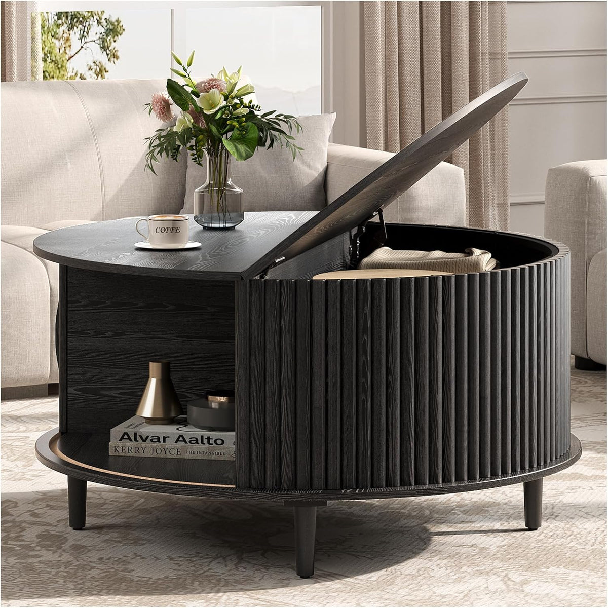 31.5" round Coffee Table with Storage for Living Room, Black | Fluted Center Table for Small Apartments/Spaces,Hidden Storage,Sliding Door,,Solid Wood Legs,Easy Assembly,Up to 110 Lbs
