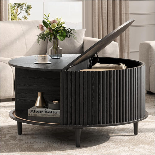 31.5" round Coffee Table with Storage for Living Room, Black | Fluted Center Table for Small Apartments/Spaces,Hidden Storage,Sliding Door,,Solid Wood Legs,Easy Assembly,Up to 110 Lbs