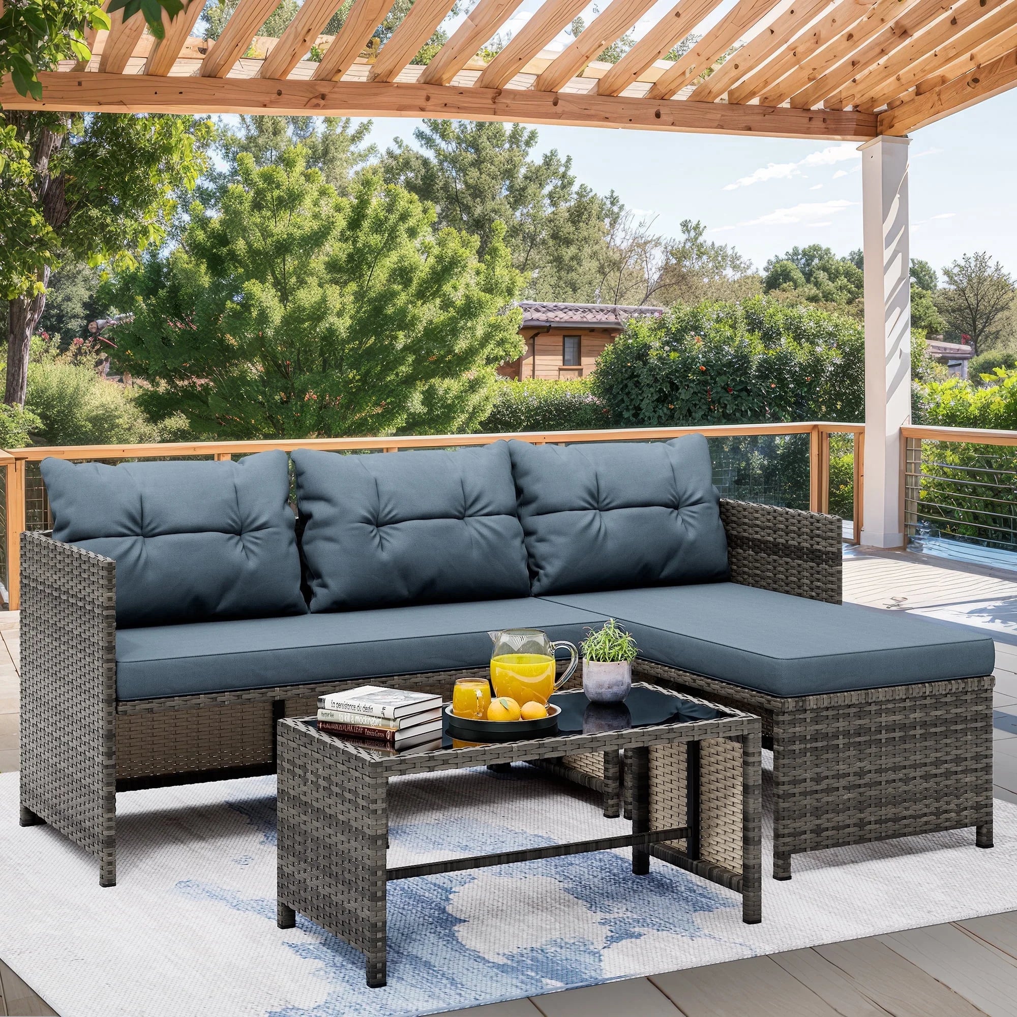 3 Pieces Patio Furniture Sectional Set, All-Weather Wicker Rattan Outdoor Furniture Set with Cushion and Glass Coffee Table, Patio Conversation Set for Garden, Backyard, Pool,Beige
