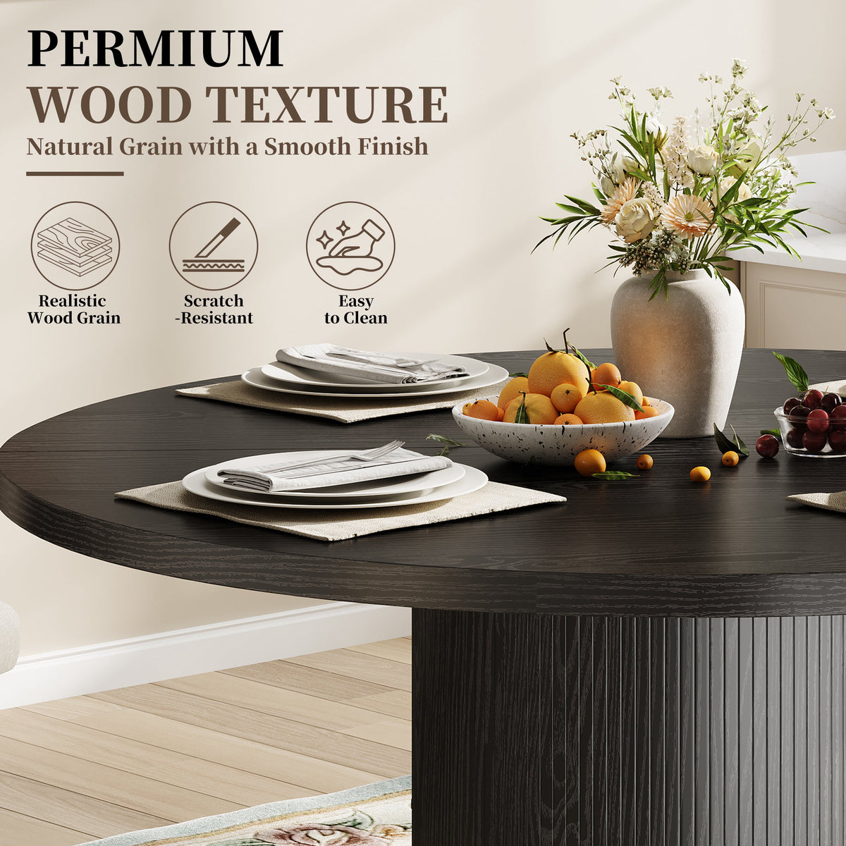 47" Dining Table,  round Kitchen Table 4 Seater, Wooden Circle Pedestal Dining Room Table with 1.1In Thickness Tabletop, Black(Only Table)