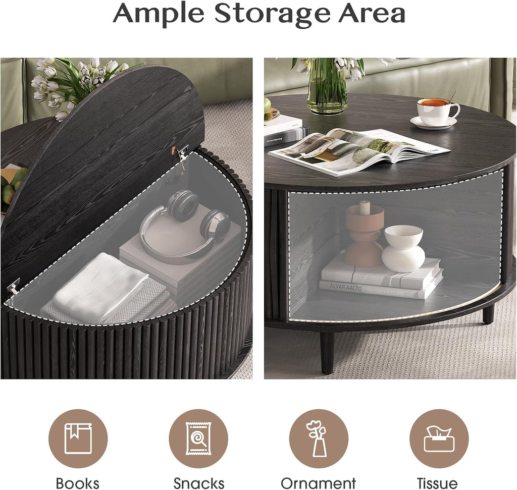 31.5" round Coffee Table with Storage for Living Room, Black | Fluted Center Table for Small Apartments/Spaces,Hidden Storage,Sliding Door,,Solid Wood Legs,Easy Assembly,Up to 110 Lbs
