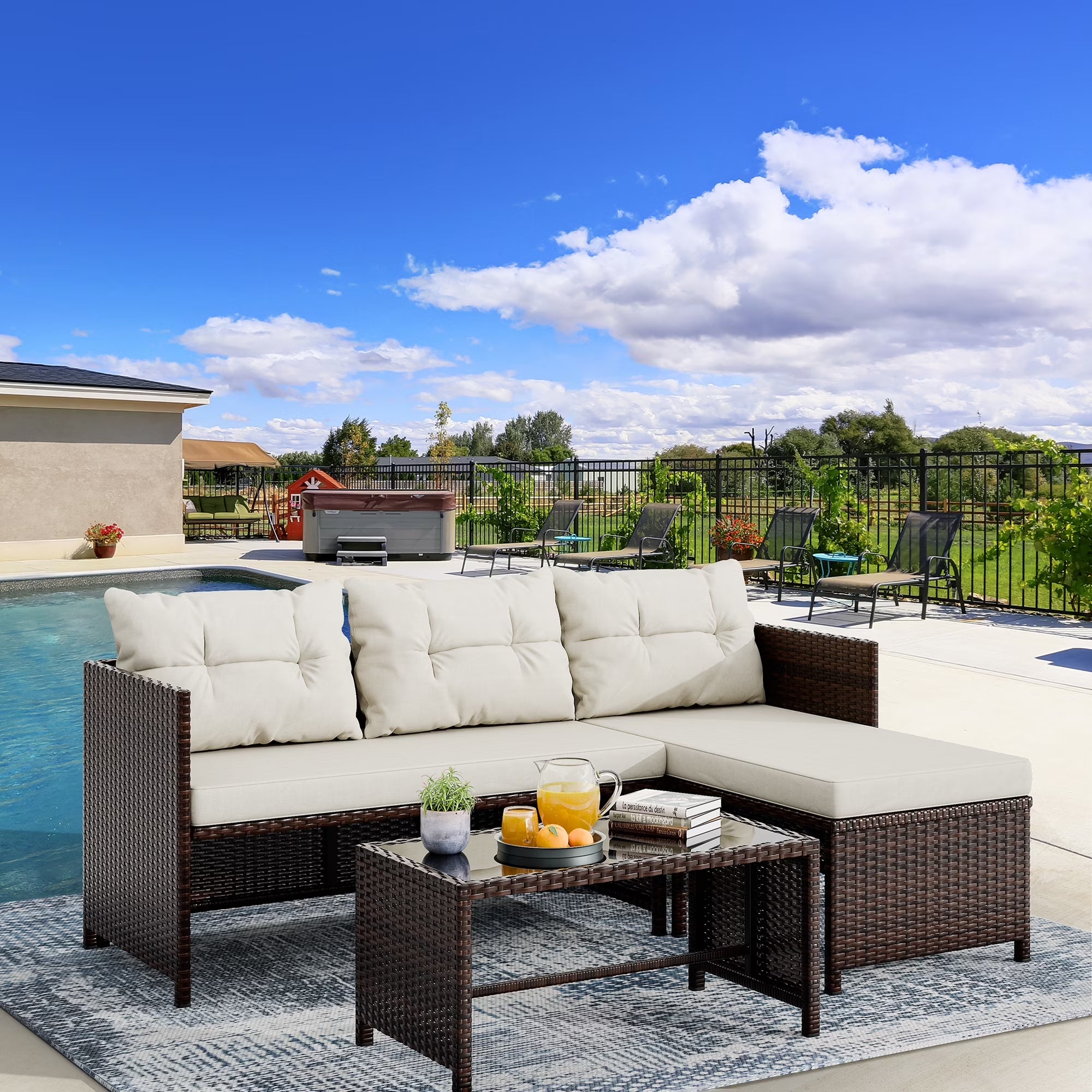 3 Pieces Patio Furniture Sectional Set, All-Weather Wicker Rattan Outdoor Furniture Set with Cushion and Glass Coffee Table, Patio Conversation Set for Garden, Backyard, Pool,Beige